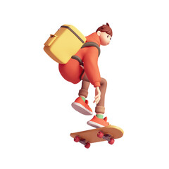 Wall Mural - Young cute excited funny smiling active guy in fashion red hoodie, brown jeans, yellow thermal backpack delivers pizza jump up floats in air on skateboard have fun joy. 3d render isolated transparent.