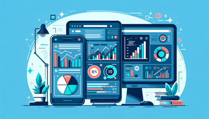 smartphone and a computer displaying business graphs and analytics data