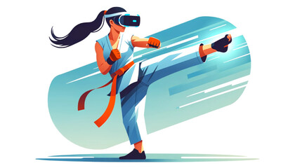 Wall Mural - woman wearing VR goggles performing a karate leg kick in a virtual reality environment