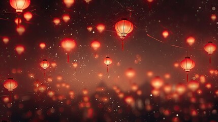 Lanterns, fireworks, clean background, red tone, minimalist style