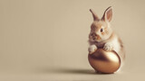 Fototapeta  - Ginger bunny holding golden egg on beige background. Easter concept, copy space.