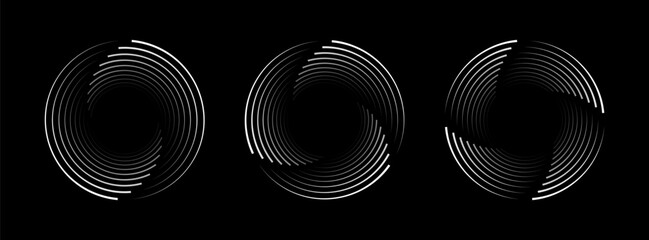 Set of speed lines in circle form. Abstract geometric circles with rotating radial lines. Design element for logo, prints, template or posters. Vector illustration