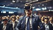 Senior Business Manager Man Attending Meeting in Auditorium Convention Hall with a Crowd of Business People in the Background While Wearing VR Virtual Goggles