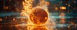 Fiery basketball soars towards hoop leaving blazing trail in its wake. Concept Fiery Basketball, Blazing Trail, Soaring Towards Hoop, Sports Photography