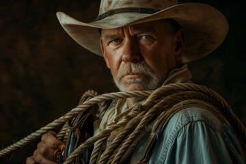 A solemn cowboy with a rope over his shoulder