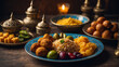 Ramadan Kareem iftar foods from end of fasting. Table with samosa, dates and traditional foods, Eid Mubarak celebration. traditional middle eastern cuisine, evening iftar meals.