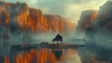 Fototapeta  - man standing on side of canyon, piano on other side across from man, he cant get to the piano, minimalism, cinematic 