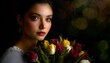 Portret kobiety z tulipanami na ciemnym tle
