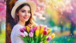 Portret młodej kobiety z bukietem tulipanów. W tle kwitnące drzewo. Dzień kobiet, wiosenne tło