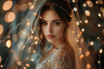 Canvas Print - Beautiful bride in fashionable dress and makeup captured in a portrait illuminated by lights