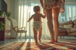 A healthy child at home learns to walk with her mother in a bright living room