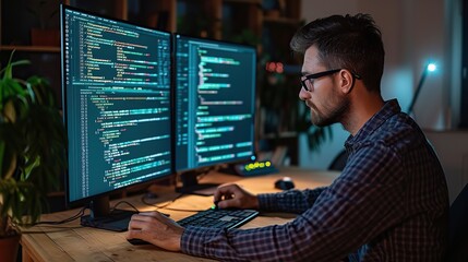 Wall Mural - focused male programmer coding on multiple monitors in a dark room, indicative of late-night softwar