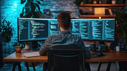 Wall Mural - back view of a software developer working on complex code across multiple computer monitors in a coz