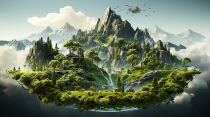 Poster - A 3D illustration of a floating island with mountains, trees, and animals on green grass and mountains, isolated against a white background.