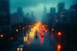 The vibrant city comes to life under the colorful rain, as the streets glisten with the light of the night