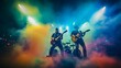 Rock band concert in cloud colorful dust. Music event, Rock band performs on stage colorful dust background. Guitarist, bass guitar and drums on stage.