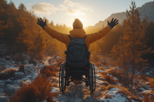 A wheelchair-bound hiker revels in the stunning winter sunset, arms outstretched in gratitude towards the snow-capped mountains and vast sky above