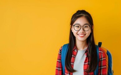Wall Mural - Asian student girl standing over yellow background with space