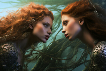 Wall Mural - Generative ai creative collage of two fantasy creature battle female brave fighter knight and amphibian beast