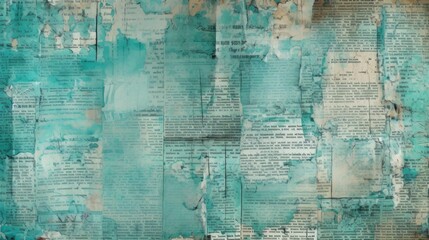 Poster - The background is old newspaper clippings in Turquoise color