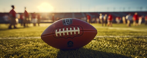 Wall Mural - American Football kickoff sport game start. Close-up american ball standing.