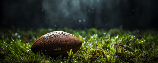 Wall Mural - American football ball on green grass. Dark background