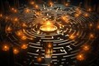 A conceptual image of a complex maze with golden edges and a central glowing sphere, symbolising challenge and solution.