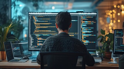 Wall Mural - back view of a developer working on a complex codebase across multiple monitors in a well-lit home o