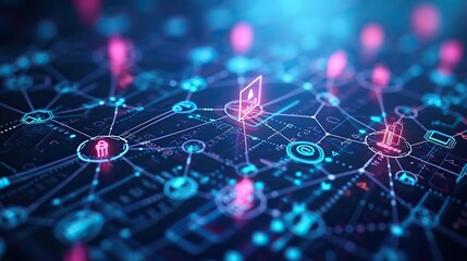 Wall Mural - a complex network of interconnected nodes with security icons represents a sophisticated data encryp
