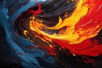 Poster - Abstract Color Dynamics. dramatic and explosive swirl of paint, with vibrant gold and red hues erupting into a black void, depicting motion and energy.