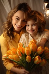 Wall Mural - Mother's day. Child daughter congratulates mother and gives a bouquet of tulip flowers