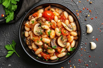 Wall Mural - Top view of a black bowl with stewed white beans mushrooms tomatoes and spicy sauce Flat lay