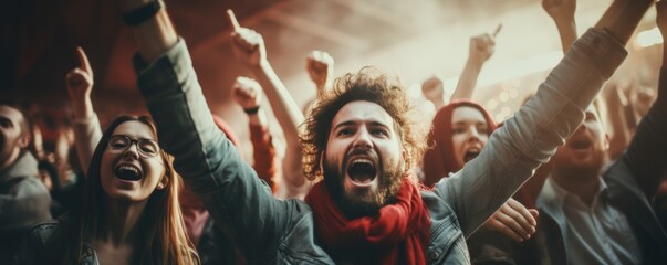 Canvas Print - Sport Stadium soccer match. Diverse crowd of Fans in red tricks cheering.