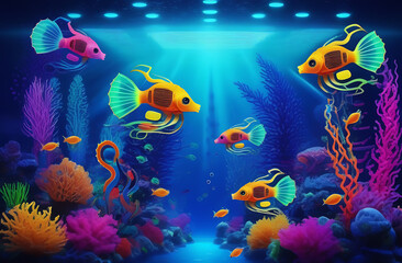 Wall Mural - A small neon bright yellow fish robots swims underwater