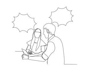 Wall Mural - Continuous single line sketch drawing of two man and woman coworker talking something on laptop, bubble chat talk. One line art of office worker employee vector illustration