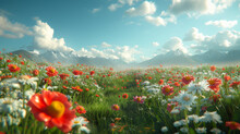 A Vibrant Summer Meadow, Bursting With A Sea Of Red Poppies, Stretches Towards The Majestic Mountains, Under A Sky Filled With Fluffy White Clouds