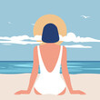 An Asian woman sits alone on a sandy beach, enjoying the view of the sea. View from the back. Summer vacation at southern resorts. Vector flat illustration