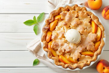 Sticker - Summer peach cobbler homemade pie with peaches vanilla ice cream white wooden background