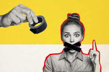 Poster - Photo collage picture young stressed girl closed mouth tape censorship shut up discrimination silence offense drawing background