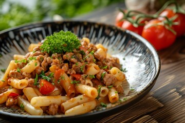 Sticker - Stir fry macaroni with tomato sauce and minced pork served on a plate