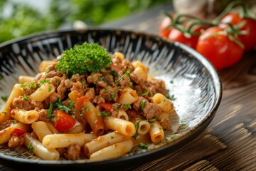 Canvas Print - Stir fry macaroni with tomato sauce and minced pork served on a plate