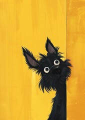 Wall Mural - La tête d'un chien noir sur un fond jaune uni, image avec espace pour texte.