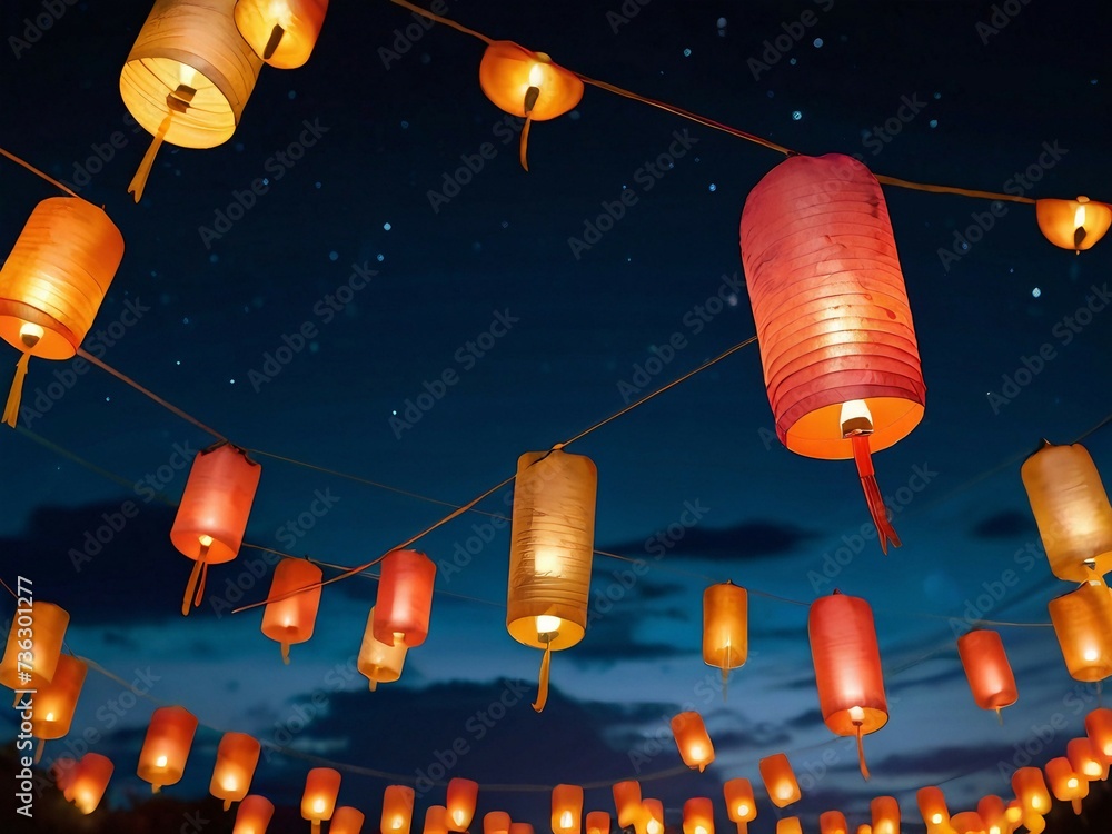 Attractive paper lanterns float on the sky night time concept, fire ...