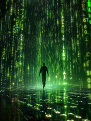 Digital abstract matrix background with the green symbols.Streaming data, binary data moving on a digital road - Digital Code road concept	
