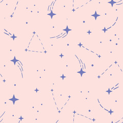 Wall Mural - Pink and blue shooting star galaxy pattern, vector repeat background with stars and constellations, repeating tile