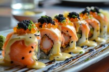 Salmon and torched sushi roll with kanitama ebi tempura and kyuri topped with volcano sauce black caviar and onori served on a hotplate with melted cheese sauc