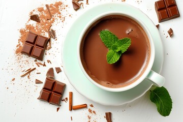 Wall Mural - Top view of white background with delicious mint hot chocolate cup