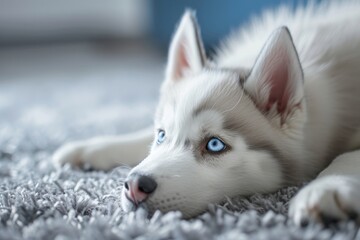 Wall Mural - Siberian Husky puppy rests on grey carpet showcasing captivating blue eyes Dog and pet photography