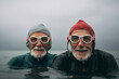 Portrait of grope of people, 70s man, coastline, overcast weather, wind, waves, soft lighting, winter swimming in the ocean