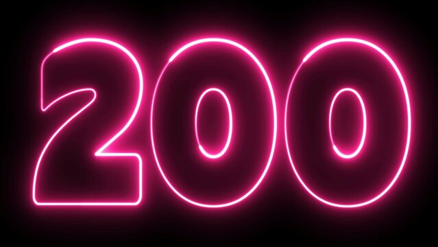 200 text font with light. Luminous and shimmering haze inside the letters of the text 200. 200 neon sign. Two hundred neon sign.